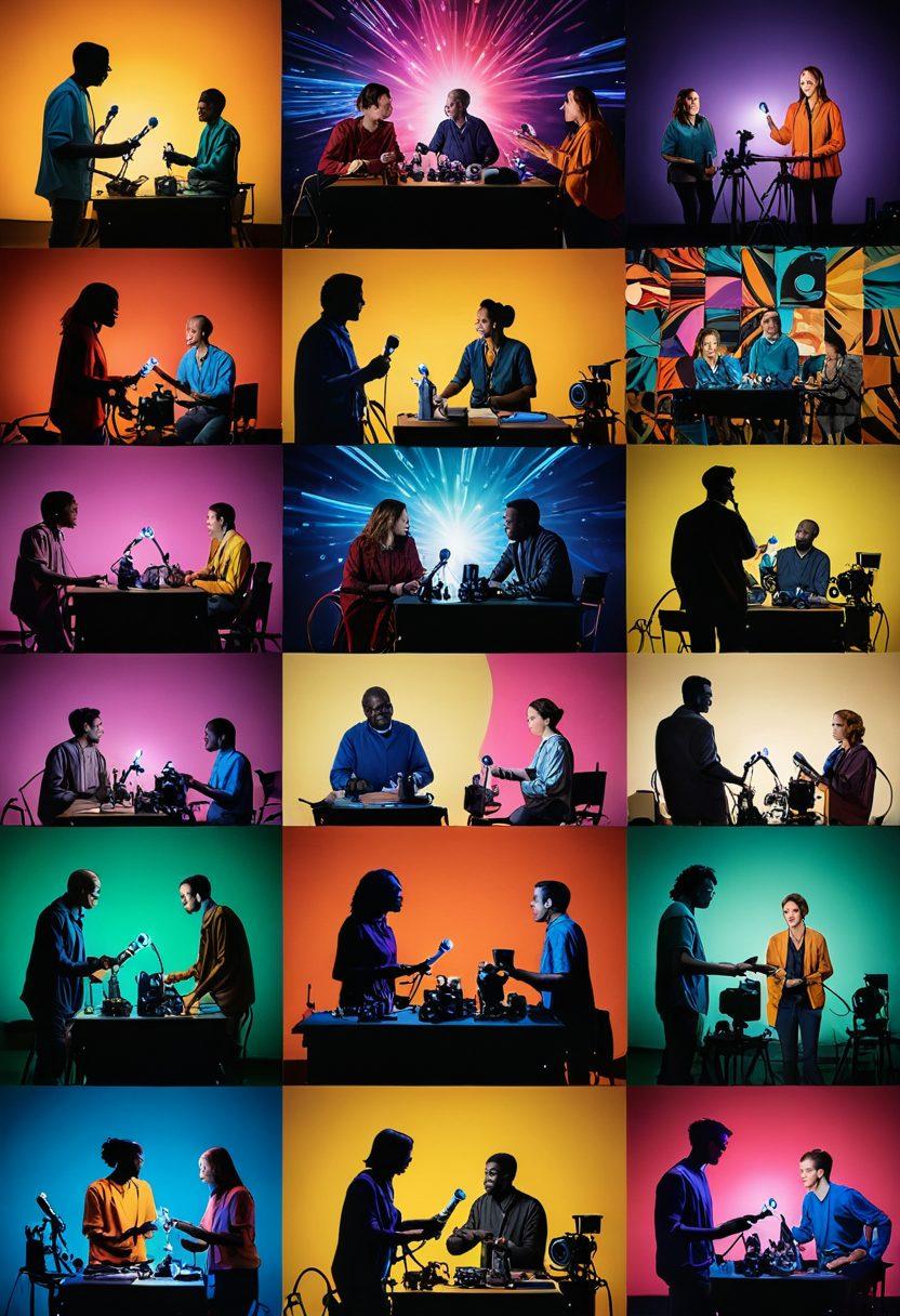 A vibrant collage showcasing a diverse group of storytellers engaged in animated discussions, intertwined with film reels and camera motifs. Include elements of documentary cinema like film crew equipment, a projector casting colorful images on a wall, and joyful expressions that embody the essence of storytelling. The background should evoke a sense of creativity and inspiration with splashes of color. super-realistic. vibrant colors.