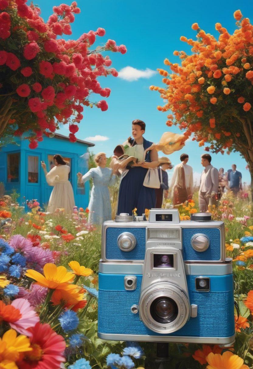 A whimsical film set with a vibrant color palette, featuring a director joyfully coaching a diverse group of cheerful actors. Elements of nature like blooming flowers and bright blue skies enhance the cheerful atmosphere. Vintage film cameras and colorful props are scattered around, symbolizing creativity. The scene captures the essence of storytelling and happiness, creating a sense of blissful realism. painting. vibrant colors. bright background.