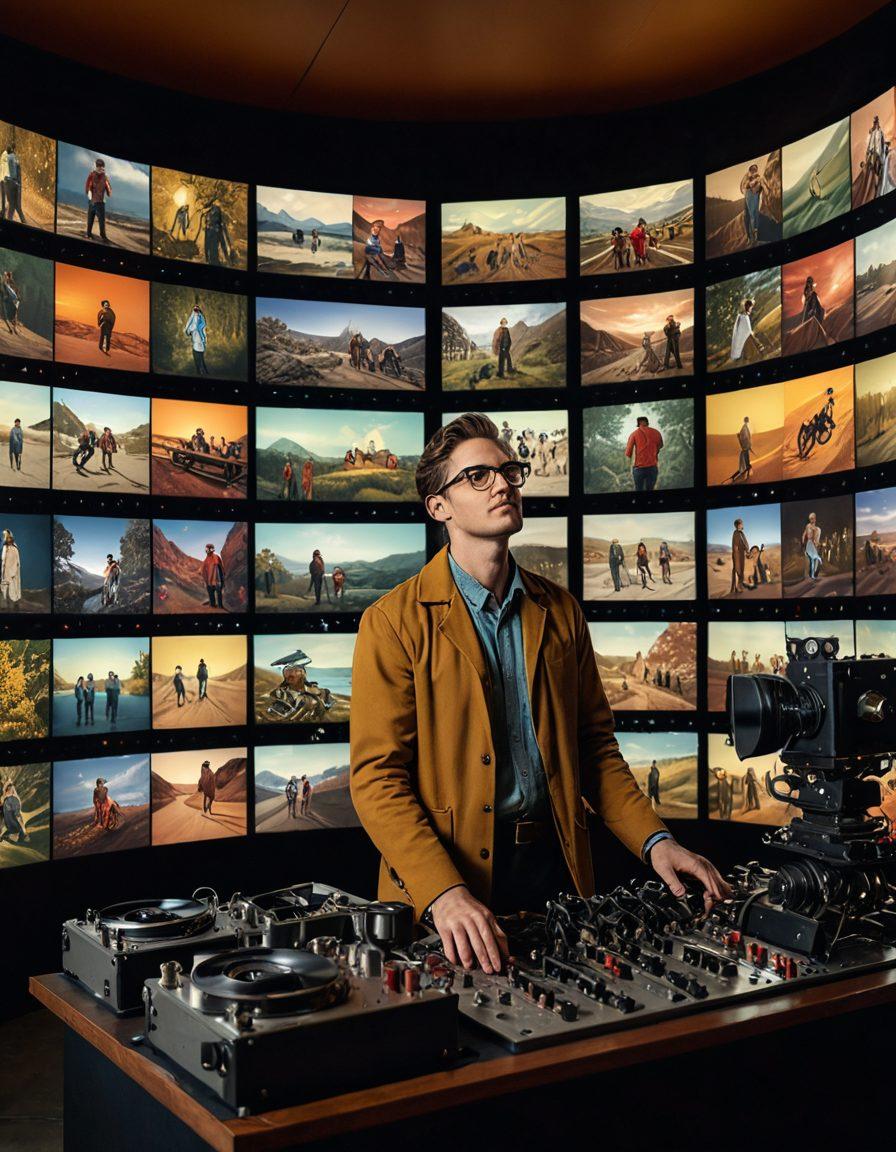 A vivid depiction of a filmmaker transitioning from a screenplay to a stunning silver screen scene, showcasing a vibrant documentary moment. The background features a projector illuminating a diverse audience, captivated by uplifting visuals of nature and human connection. Include elements like film reels, storyboards, and a warm color palette to convey inspiration and positivity. Focus on capturing the essence of visual storytelling with dynamic angles and expressive faces. 3D. vibrant colors.